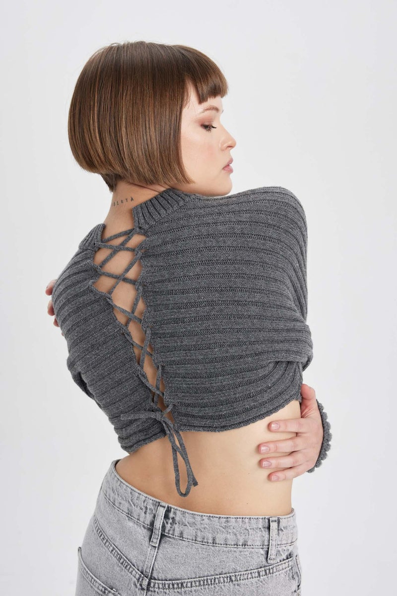 DeFacto Grey Woman Crew Neck Crop Pullover Casual - Image 4